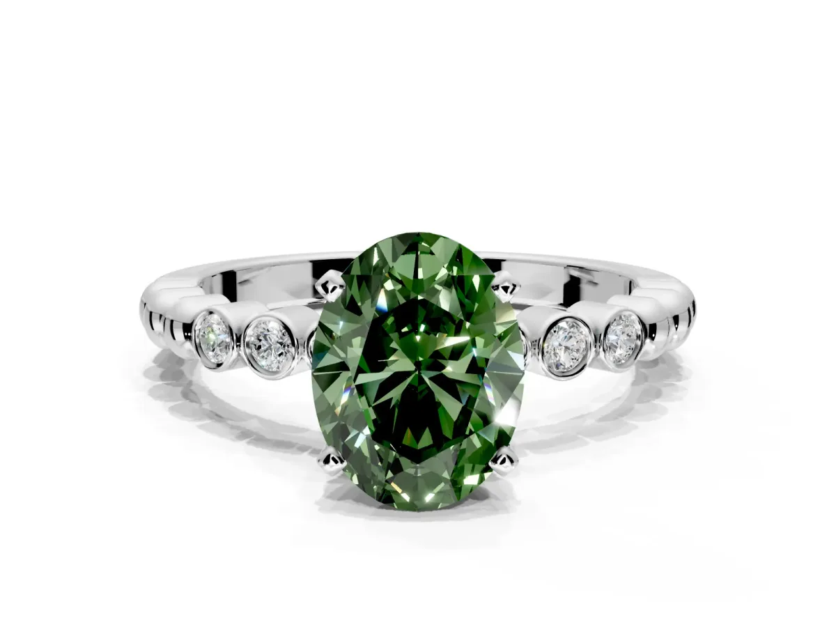 Solitaire Engagement Ring Setting for Fancy Green Oval Center with Bezel-Dot Beaded Band and Prong Head in Platinum