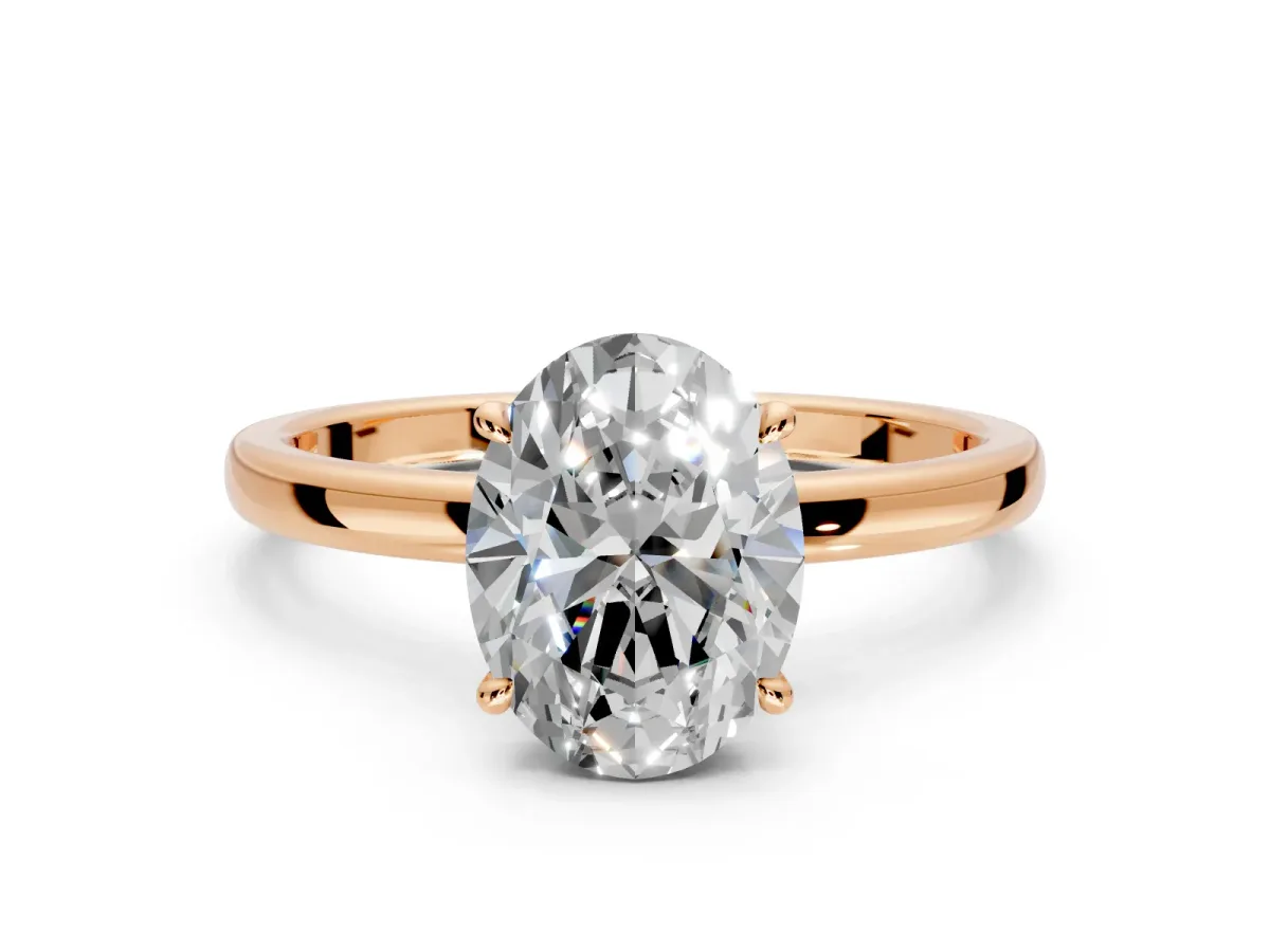 Hidden Halo Engagement Ring Setting for Oval Center with Plain Band and Tall Prong Head in Rose Gold
