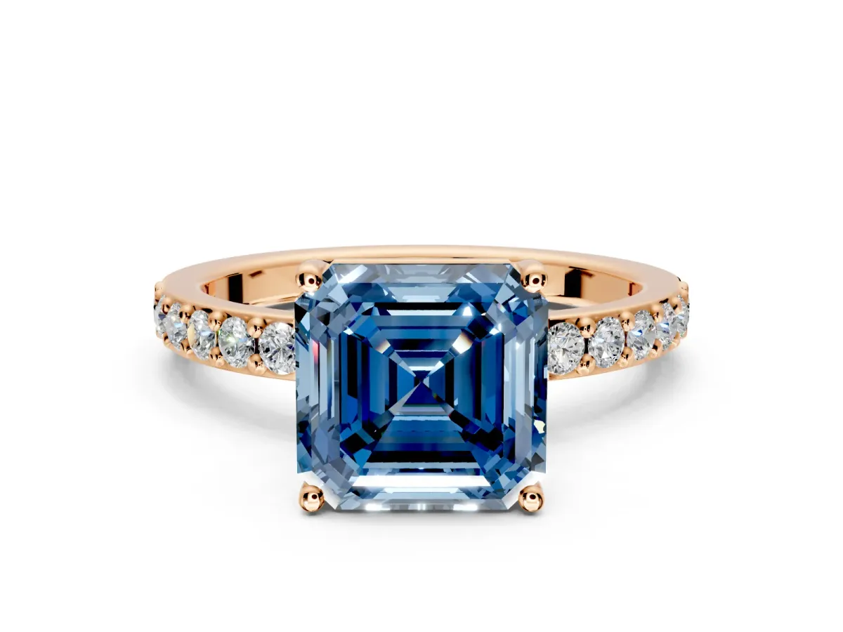Solitaire Engagement Ring Setting for Fancy Blue Asscher Cut Center with Round Cut Pave Band and Prong Head in Rose Gold