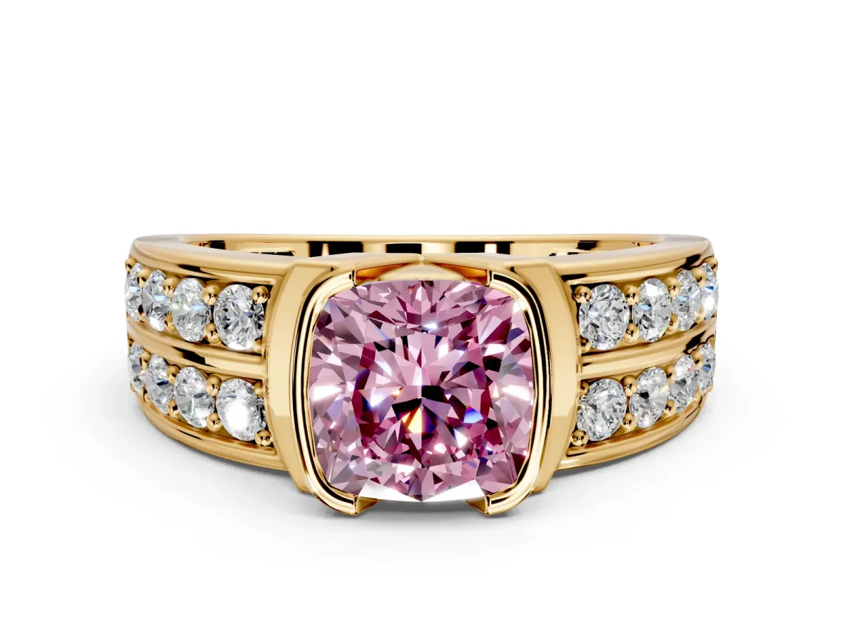 Bezel Engagement Ring Setting for Fancy Pink Cushion Cut Center with Wide Channel-Set Band and Bezel Head in Yellow Gold