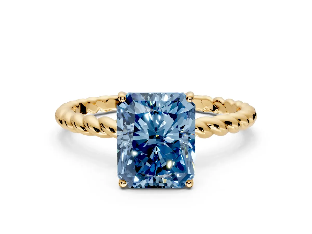 Solitaire Engagement Ring Setting for Fancy Blue Radiant Cut Center with Plain Twisted Rope Band and Prong Head in Yellow Gold