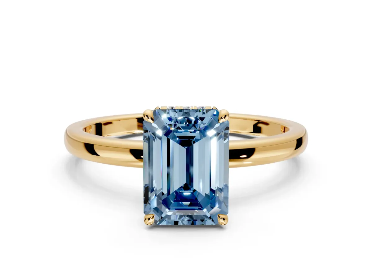 Hidden Halo Engagement Ring Setting for Fancy Blue Emerald Cut Center with Plain Band and Tall Prong Head in Yellow Gold