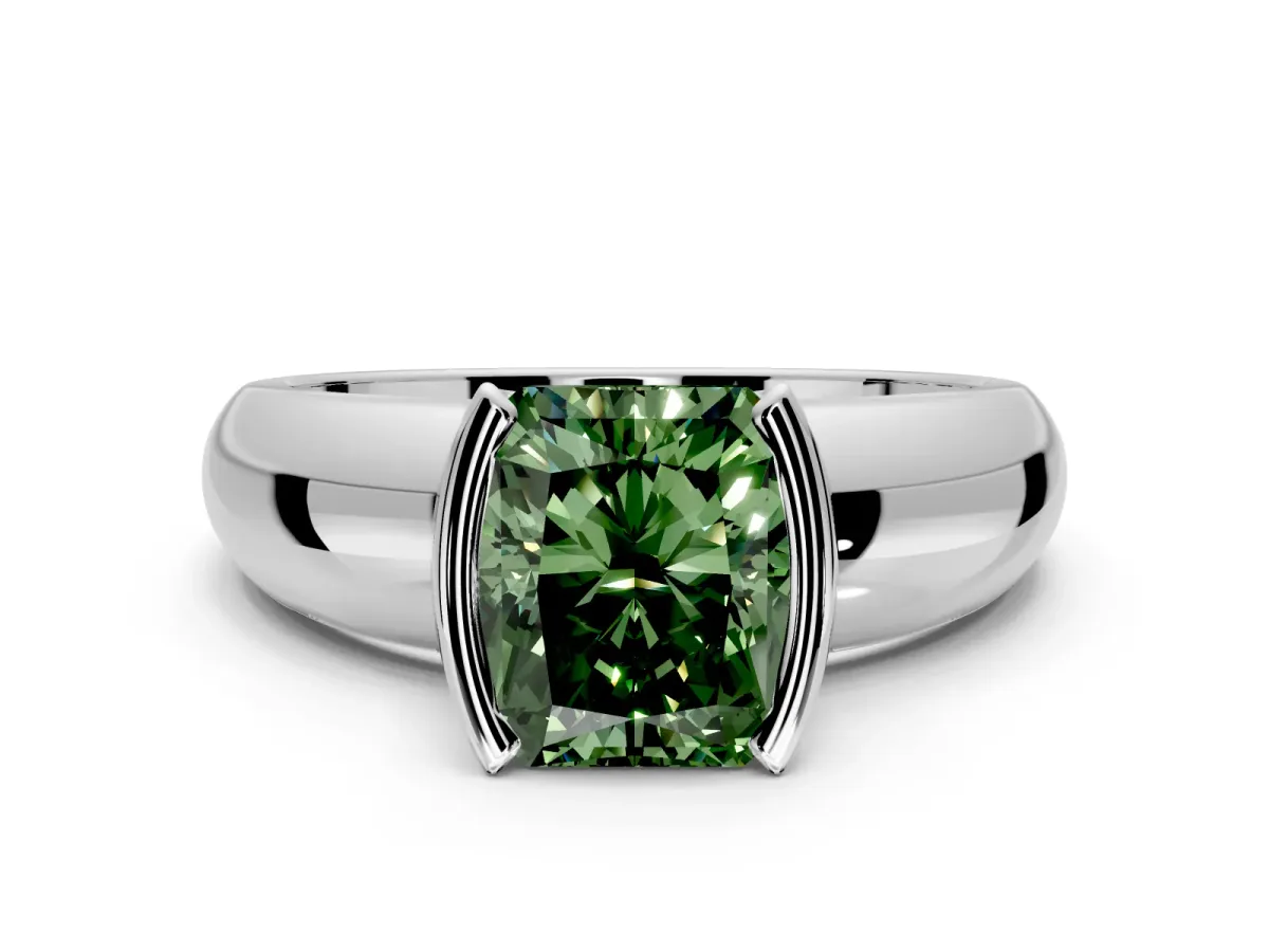 Tension Engagement Ring Setting for Fancy Green Radiant Cut Center with Wide Flat Band and Tension Head in Sterling Silver