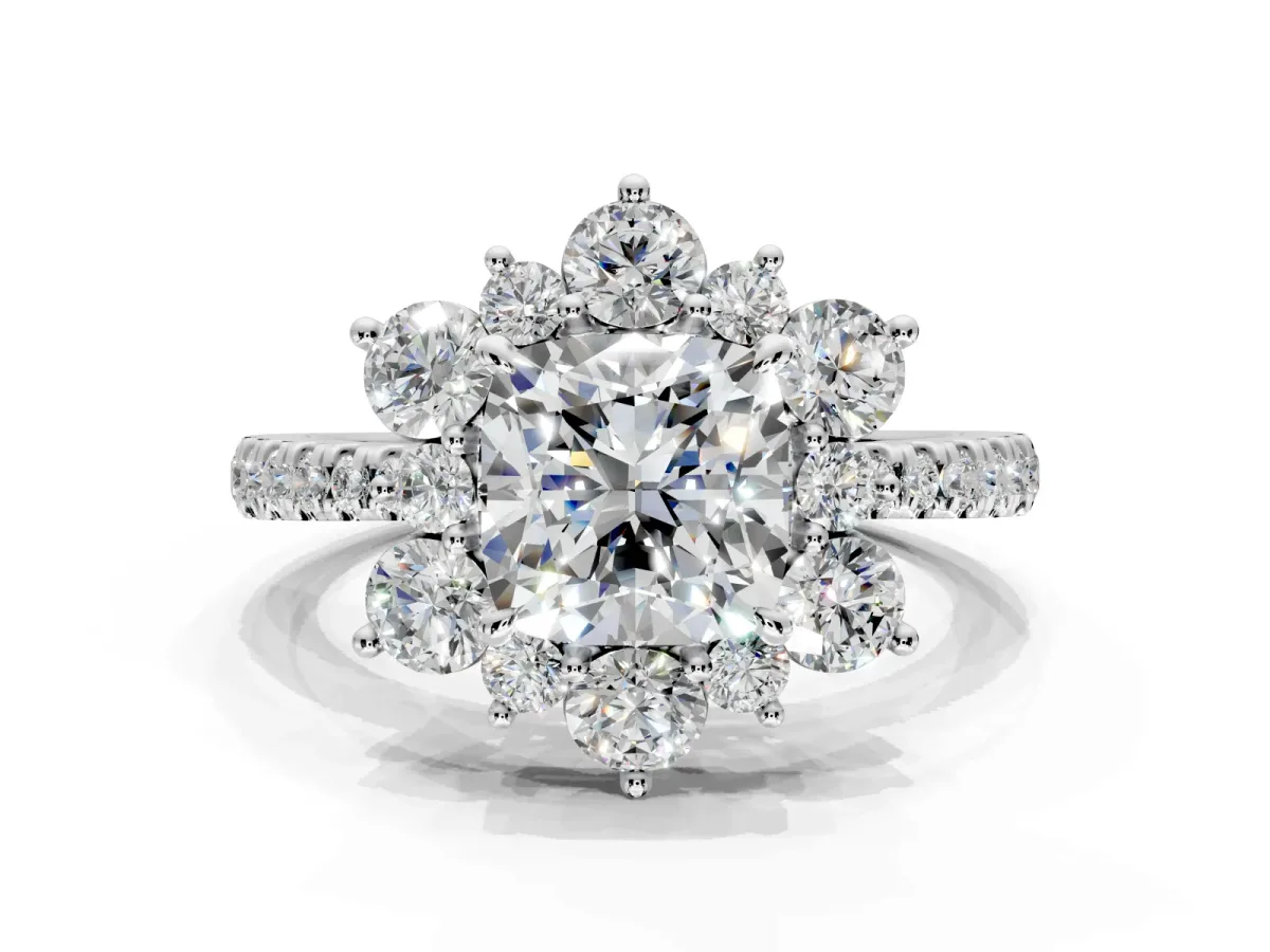 Floral Halo Engagement Ring Setting for Cushion Cut Center with Pave Accents and Prong Head in Sterling Silver