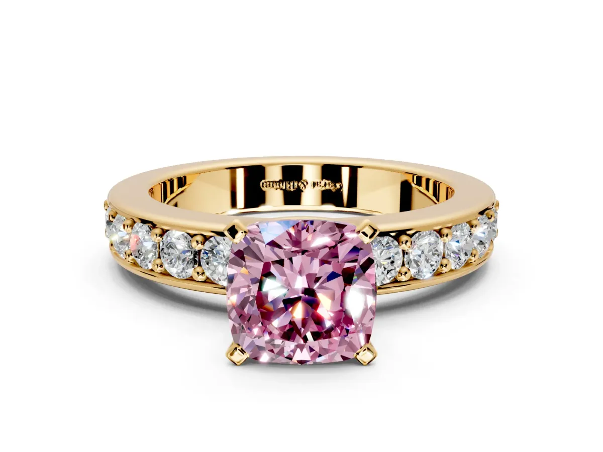 Solitaire Engagement Ring Setting for Fancy Pink Cushion Cut Center with Channel-Set Accents and Prong Head in Yellow Gold