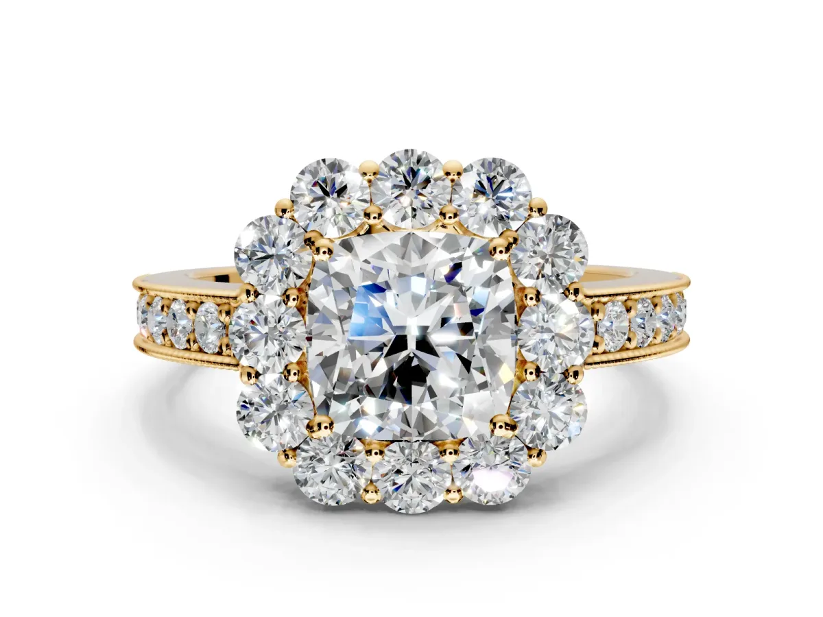 Halo Engagement Ring Setting for Cushion Cut Center with Milgrain Channel Band and Prong Head in Yellow Gold