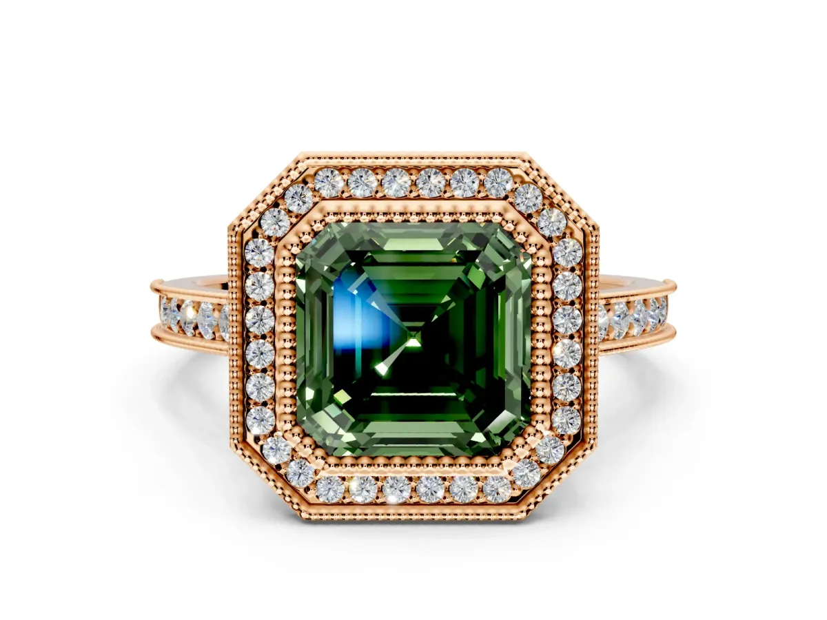 Halo Engagement Ring Setting for Fancy Green Asscher Cut Center with Milgrain Pave Band and Bezel Head in Rose Gold