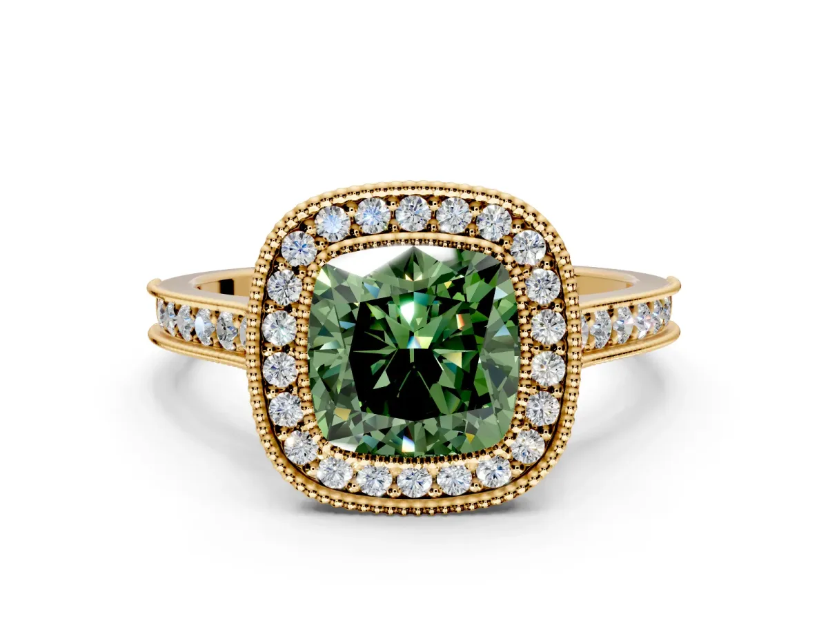 Halo Engagement Ring Setting for Fancy Green Cushion Cut Center with Milgrain Pave Band and Bezel Head in Yellow Gold