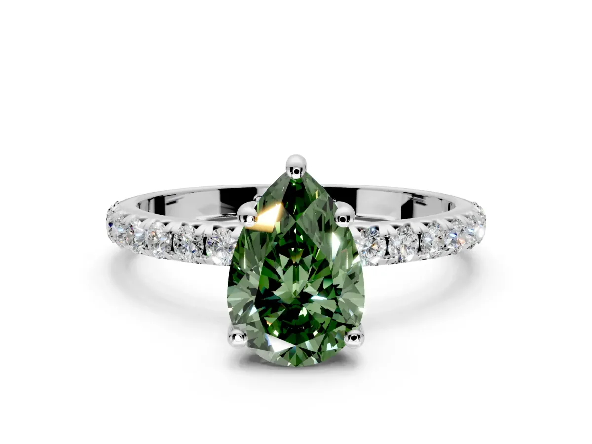 Solitaire Engagement Ring Setting for Fancy Green Pear-Shaped Center with Micro Pave Band and Prong Head in White Gold