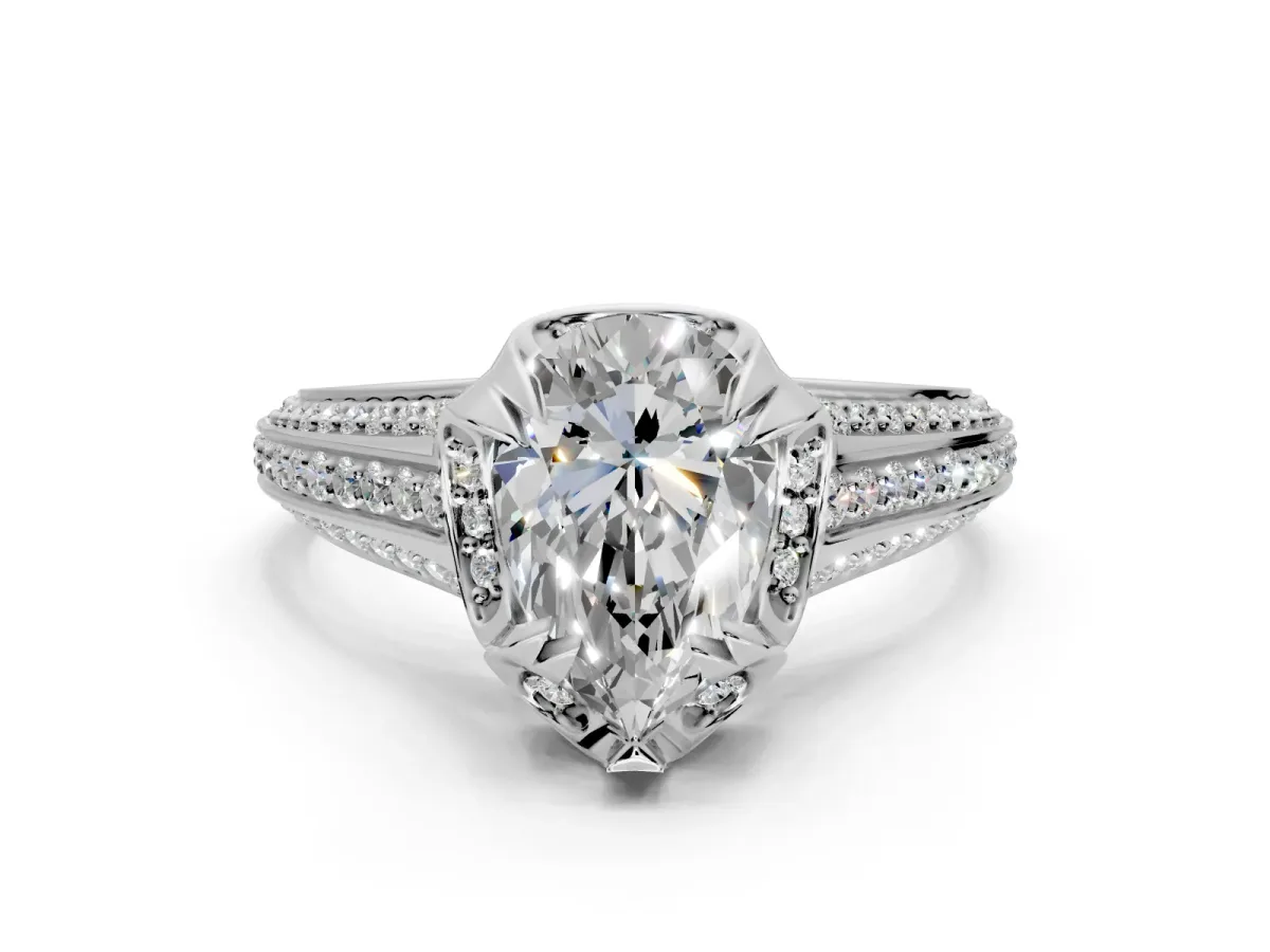 Solitaire Engagement Ring Setting for Pear-Shaped Center with Accented Split Shank and Prong Head in Platinum