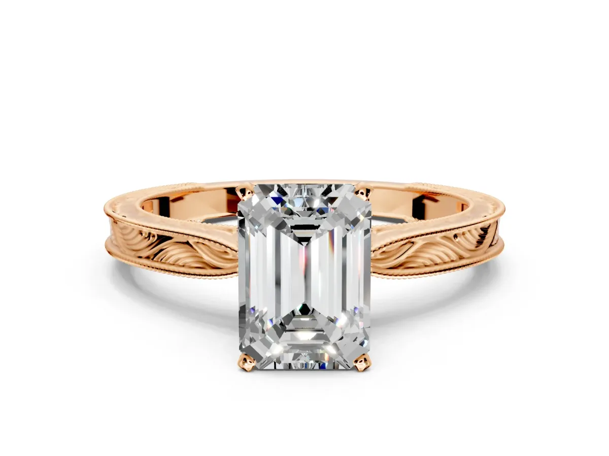 Solitaire Engagement Ring Setting for Emerald Cut Center with Engraved Milgrain Band and Prong Head in Rose Gold