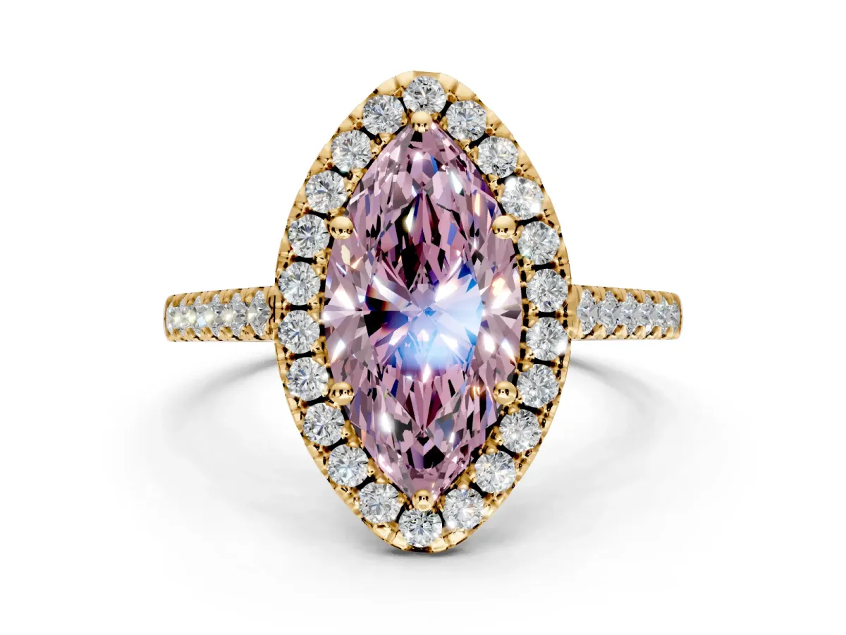 Halo Engagement Ring Setting for Fancy Pink Marquise Center with Raised Halo, Pave Band and Prong Head in Yellow Gold