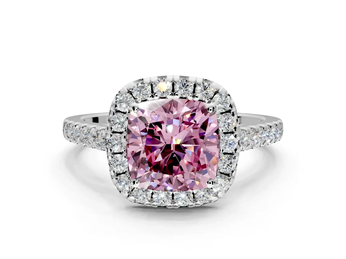 Halo Engagement Ring Setting for Fancy Pink Cushion Cut Center with Narrowing Pave Band and Prong Head in Platinum