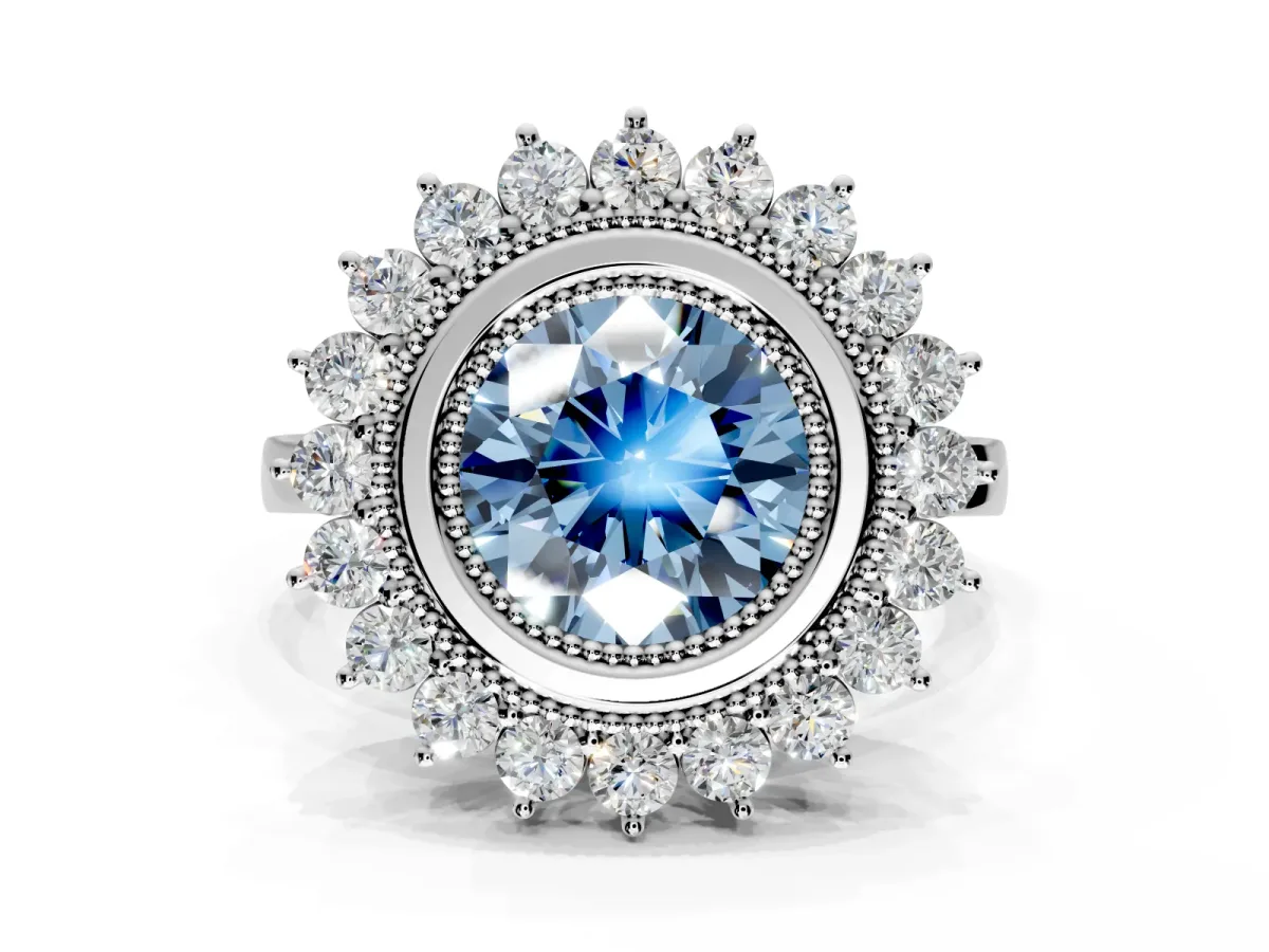 Halo Engagement Ring Setting for Fancy Blue Round Cut Center with Milgrain Bezel Rim, Plain Band and Prong Head in Platinum