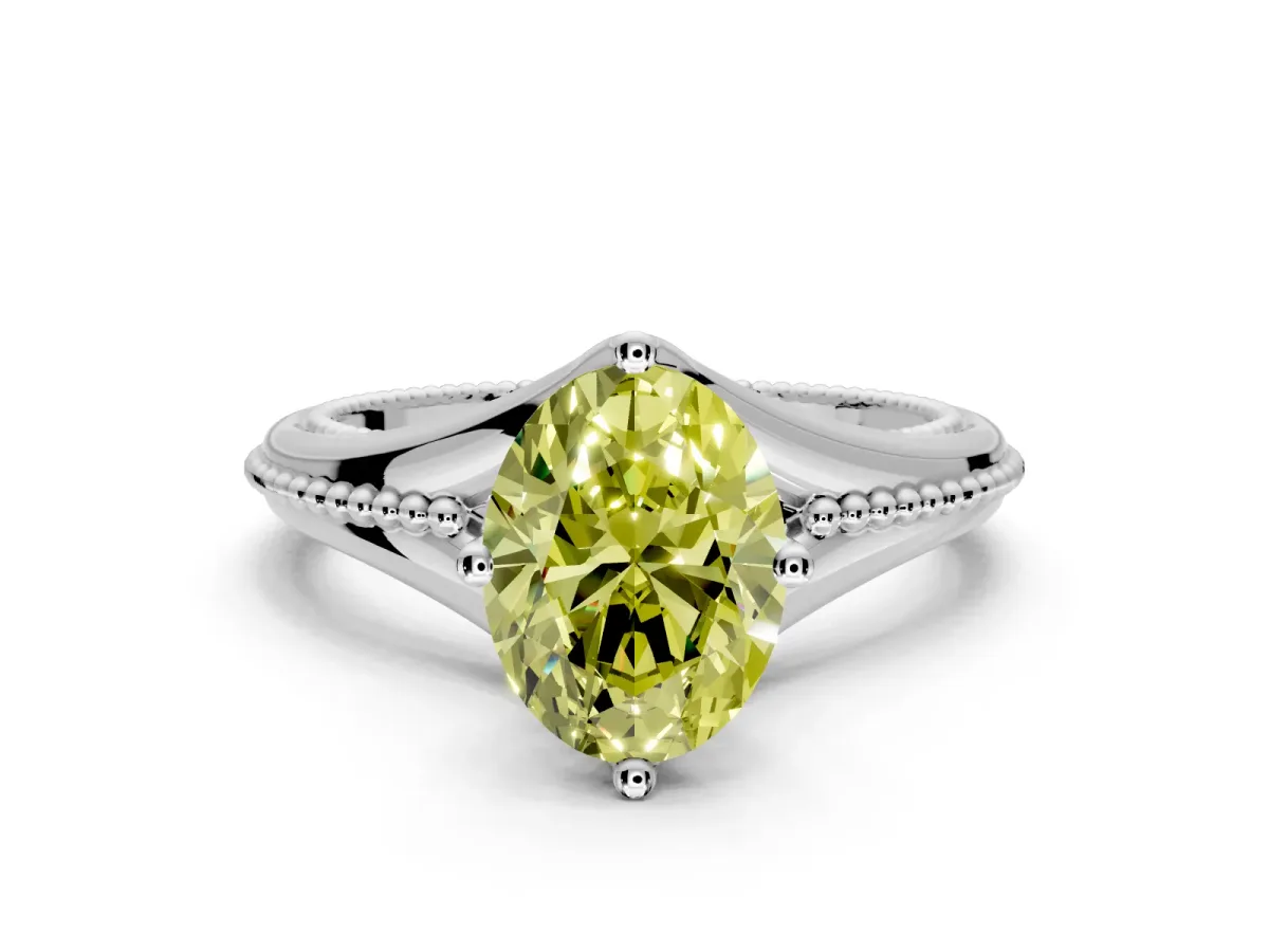 Solitaire Engagement Ring Setting for Fancy Yellow Oval Center with Milgrain Cathedral Band and Prong Head in Platinum