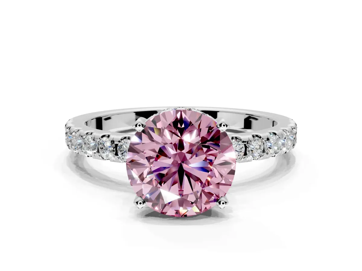 Solitaire Engagement Ring Setting for Fancy Pink Round Cut Center with Band of Accents and Prong Head in Platinum