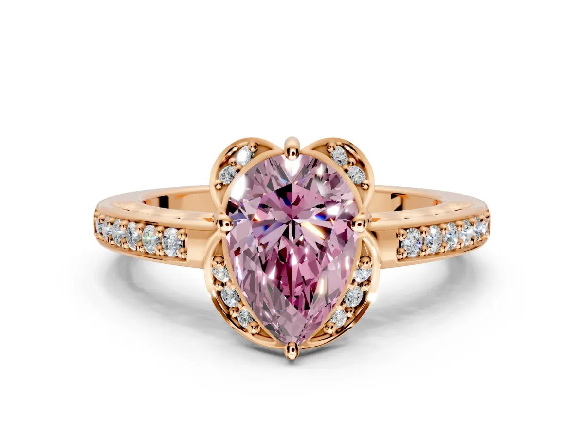 Floral Engagement Ring Setting for Fancy Pink Pear-Shaped Center with Four Accent Clusters and Prong Head in Rose Gold