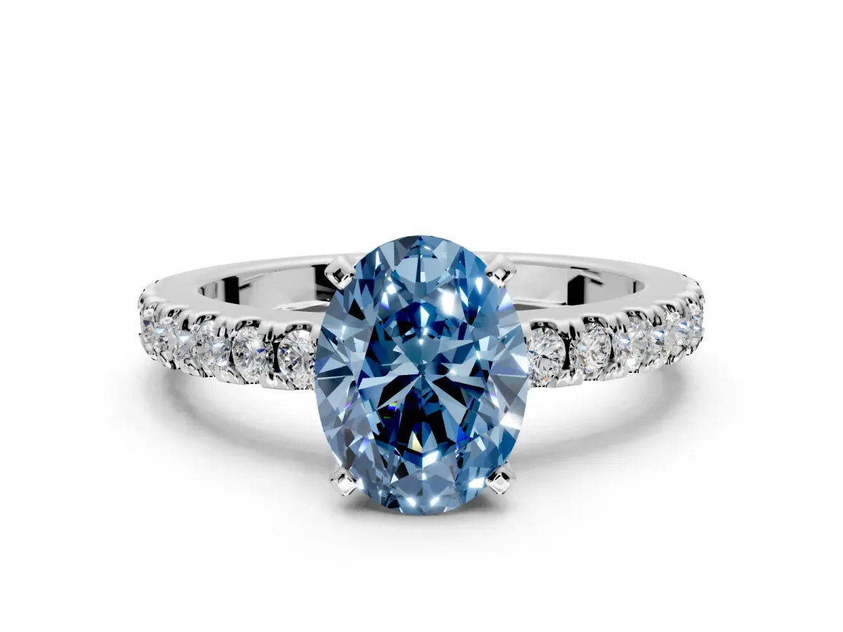 Solitaire Engagement Ring Setting for Fancy Blue Oval Center with Single Row Accent Band and Prong Head in Sterling Silver