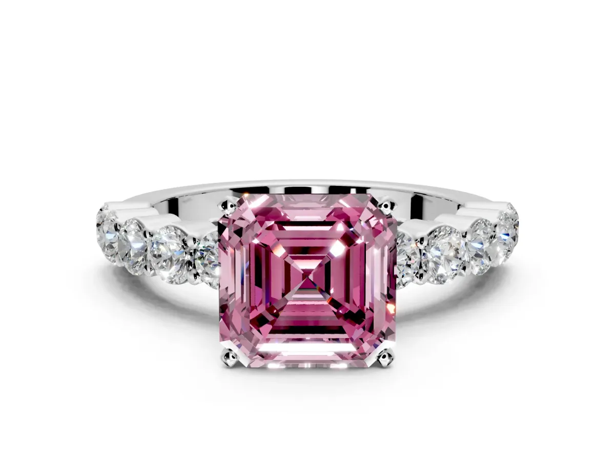 Shared-Prong Engagement Ring Setting for Fancy Pink Asscher Cut Center with Graduated Accents and Prong Head in Sterling Silver