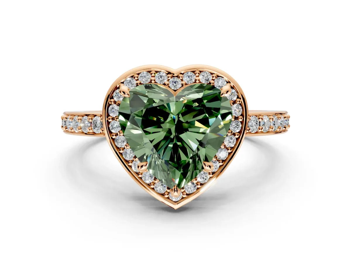 Halo Engagement Ring Setting for Fancy Green Heart-Shaped Center with Metal-Rimmed Halo, Pave Band and Prong Head in Rose Gold