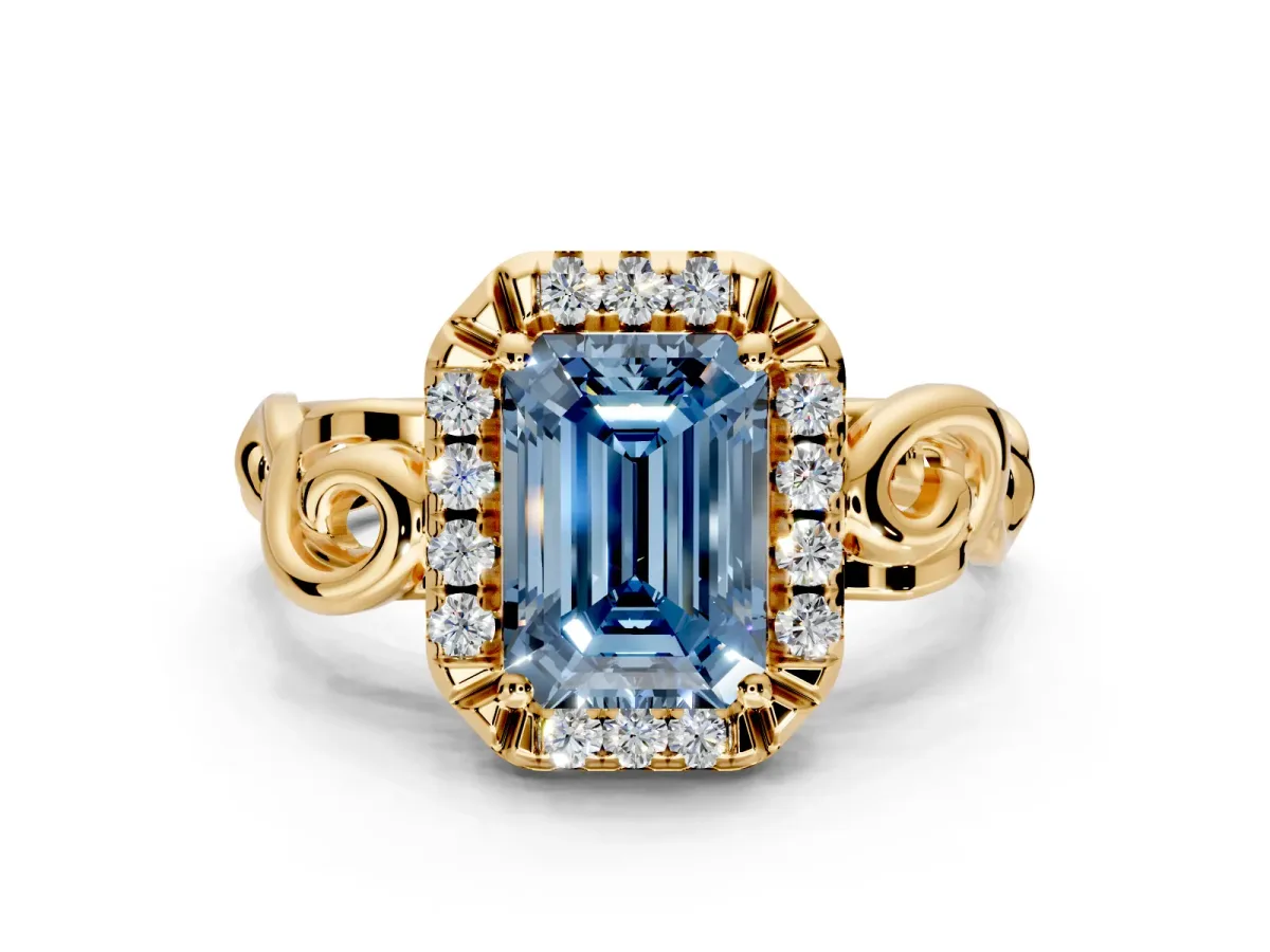 Halo Engagement Ring Setting for Fancy Blue Emerald Cut Center with Open Scroll Shoulders and Prong Head in Yellow Gold
