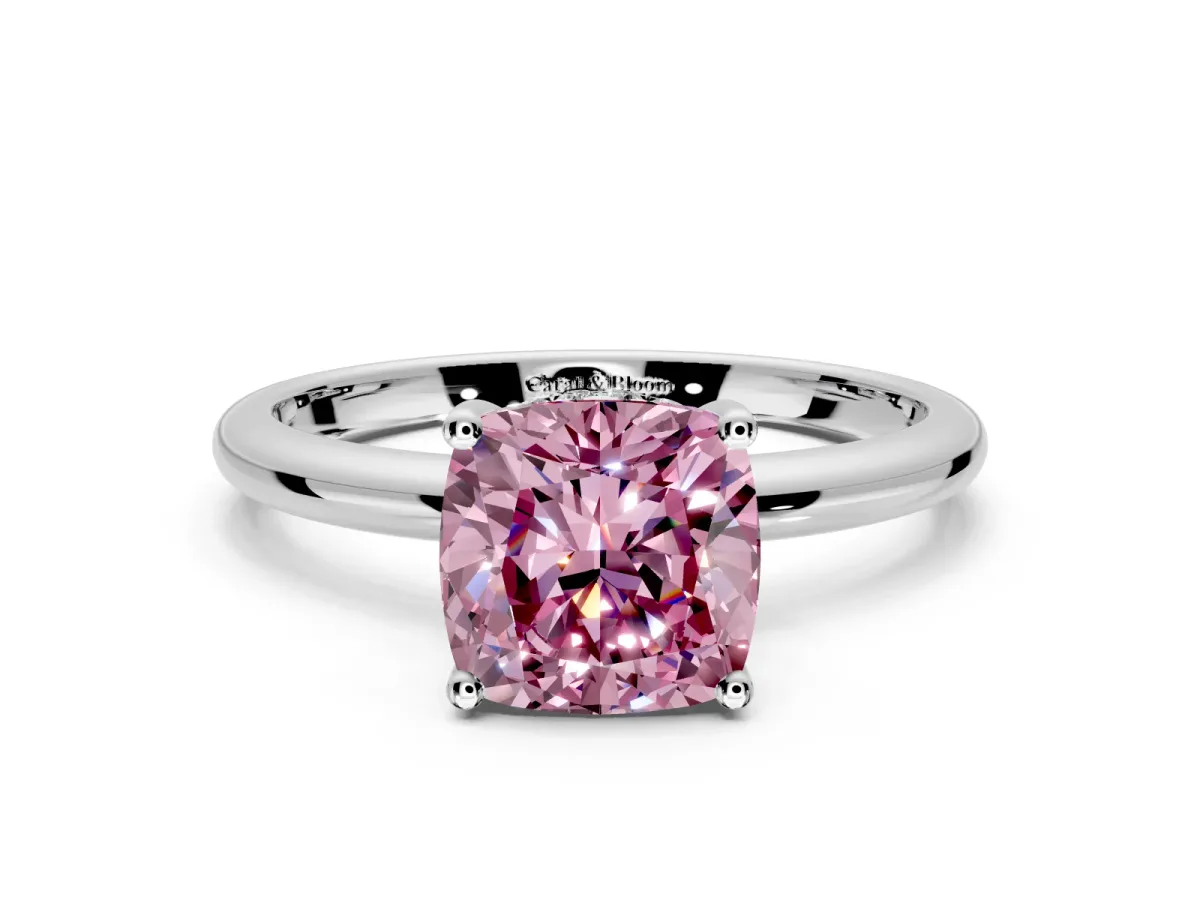 Hidden Halo Engagement Ring Setting for Fancy Pink Cushion Cut Center with Thin Round-Wire Band and Prong Head in Platinum