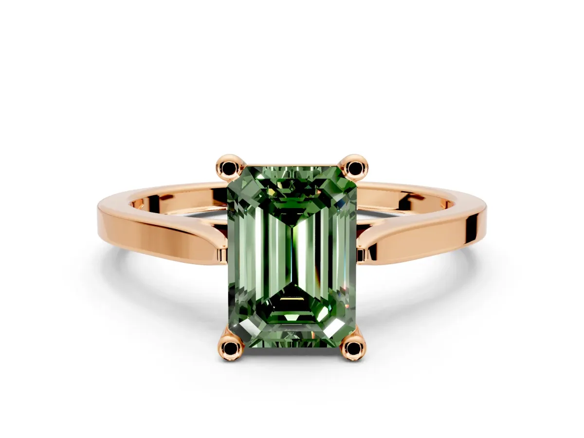 Solitaire Engagement Ring Setting for Fancy Green Emerald Cut Center with Tapered Shoulders and Prong Head in Rose Gold