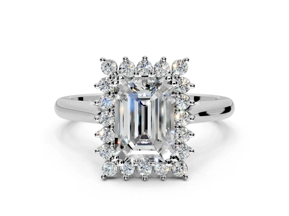 Starburst Halo Engagement Ring Setting for Emerald Cut Center with Thin Round-Wire Band and Prong Head in Platinum