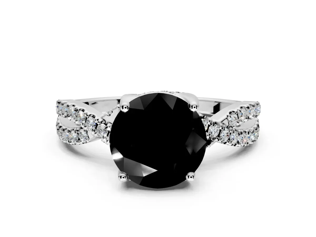 Solitaire Engagement Ring Setting for Fancy Black Round Cut Center with Narrow Twist Pave Band and Prong Head in Platinum