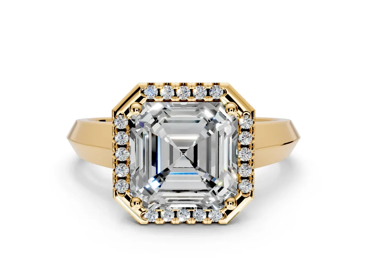 Halo Engagement Ring Setting for Asscher Cut Center with Knife Ridge Cathedral Band and Prong Head in Yellow Gold