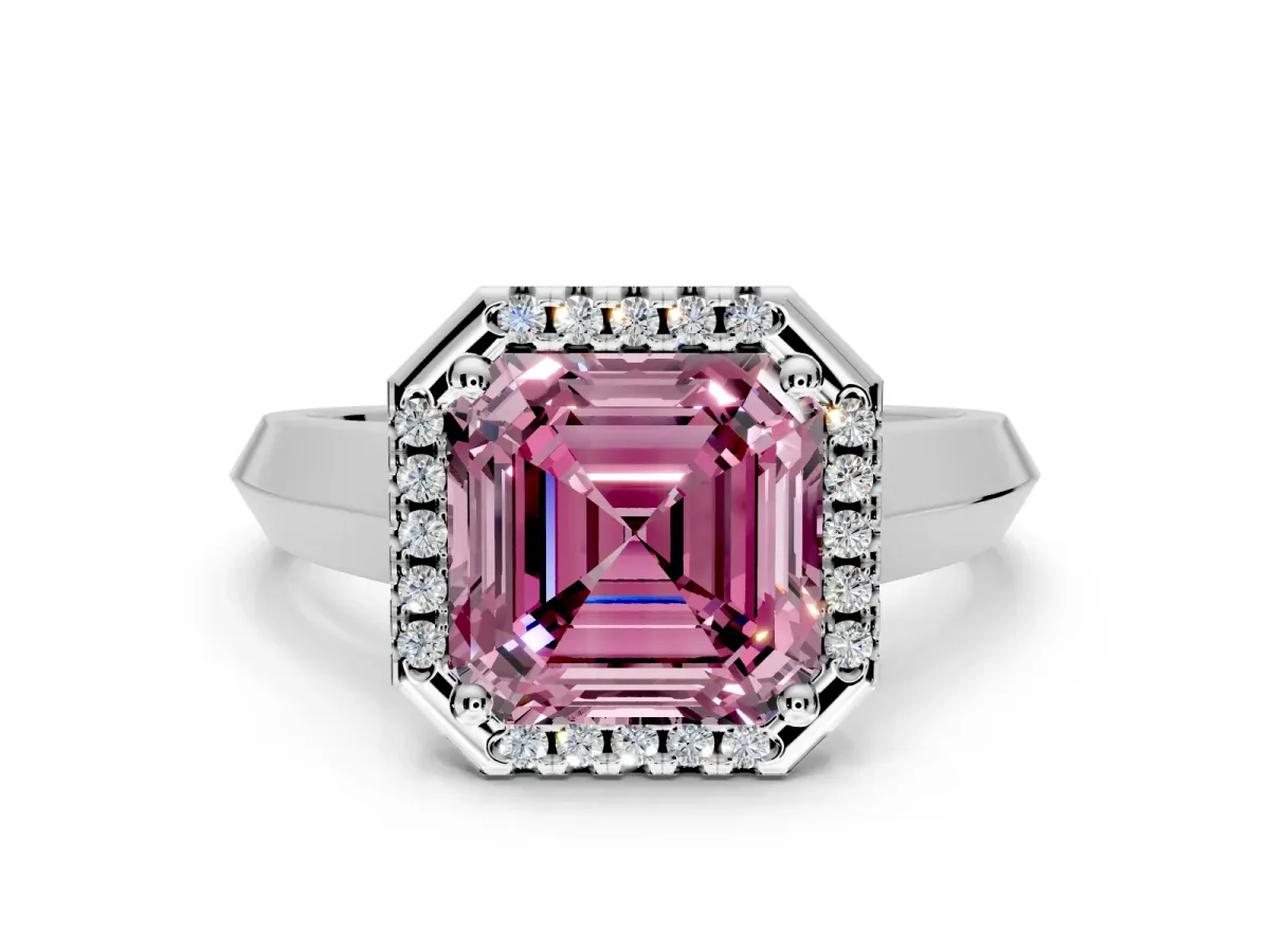Halo Engagement Ring Setting for Fancy Pink Asscher Cut Center with Knife Ridge Cathedral Band and Prong Head in Platinum