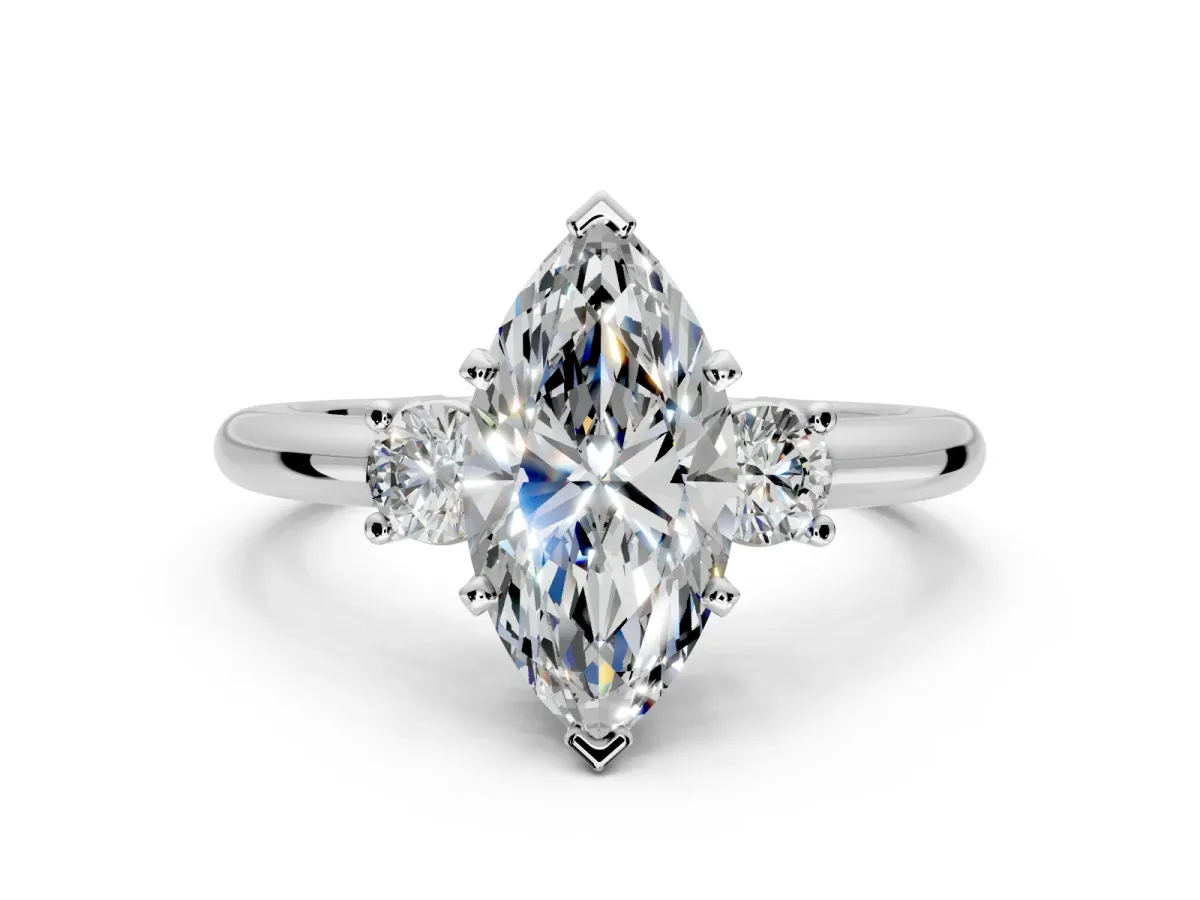3 Stone Engagement Ring Setting for Marquise Center with Wide Plain Band and Prong Head in White Gold