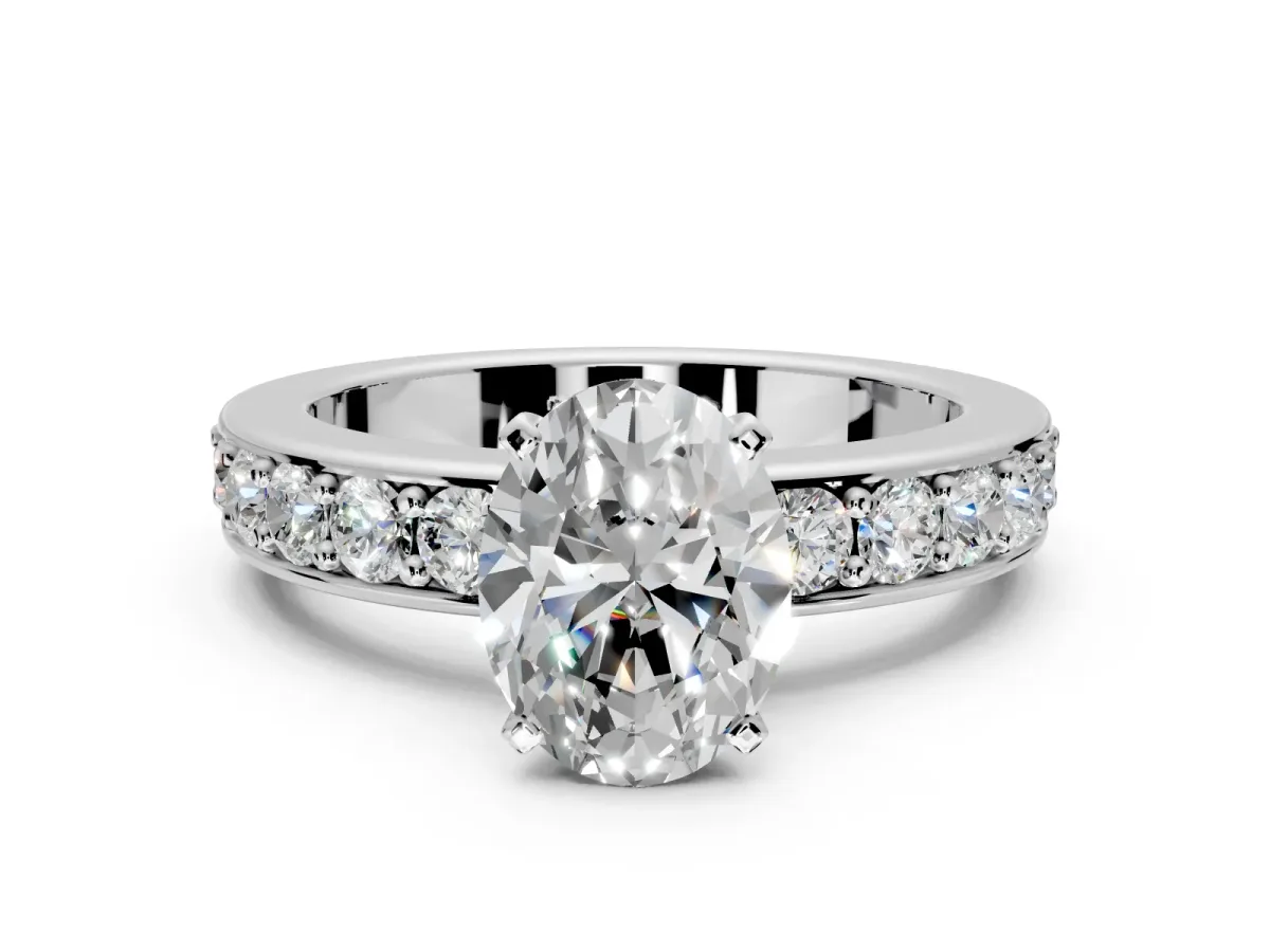 Solitaire Engagement Ring Setting for Oval Center with Channel-Set Accents and Prong Head in Sterling Silver