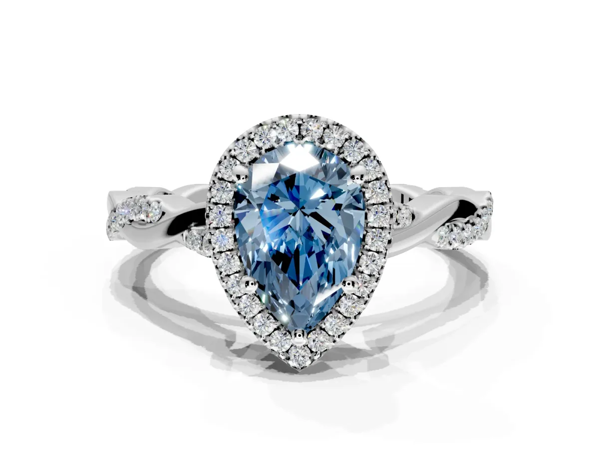 Halo Engagement Ring Setting for Fancy Blue Pear-Shaped Center with Pave and Plain Twist Band and Prong Head in White Gold