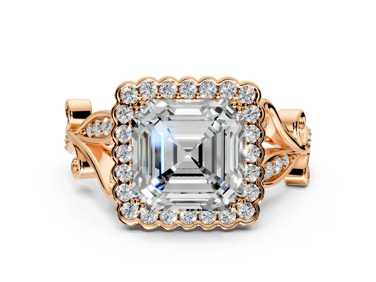 Halo Engagement Ring Setting for Asscher Cut Center with Leaf Motif Split Shank and Prong Head in Rose Gold