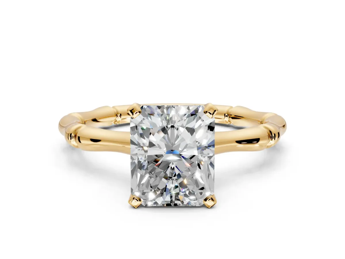 Solitaire Engagement Ring Setting for Radiant Cut Center with Bamboo Band and Prong Head in Yellow Gold