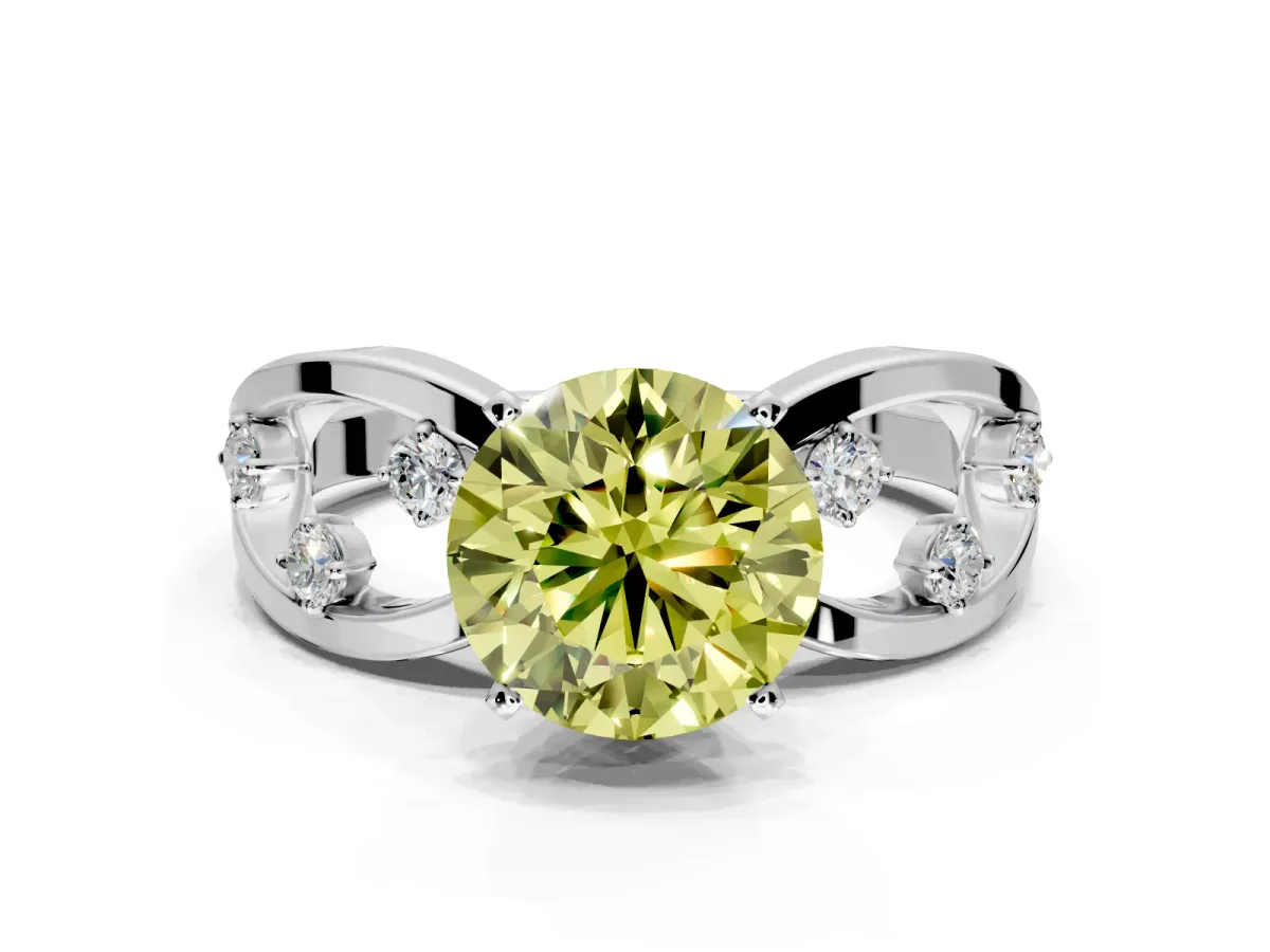 Solitaire Engagement Ring Setting for Fancy Yellow Round Cut Center with Criss-Cross Accent Band and Prong Head in Platinum