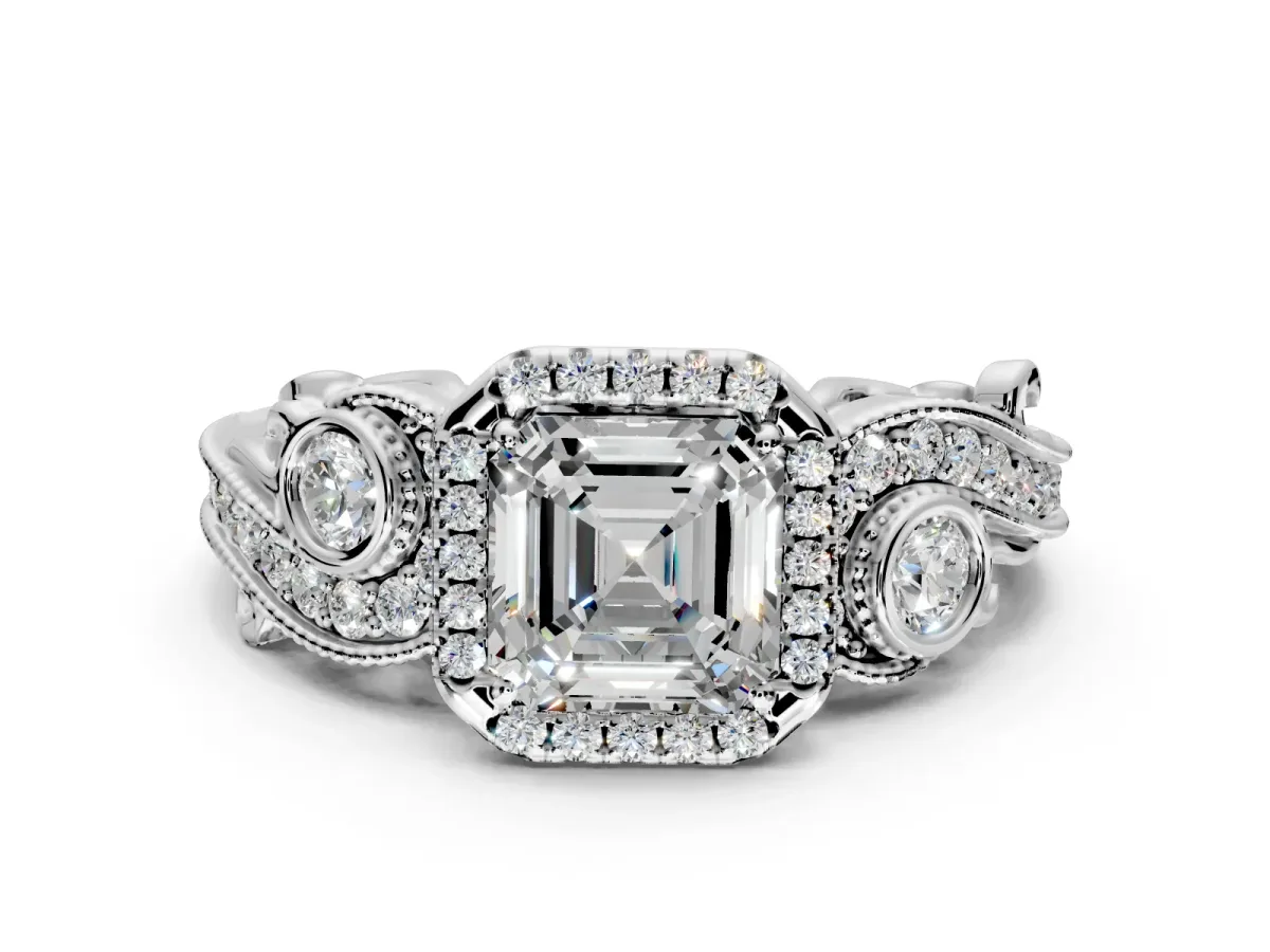 Milgrain Halo Engagement Ring Setting for Asscher Cut Center with Shoulder Bezels and Prong Head in Sterling Silver
