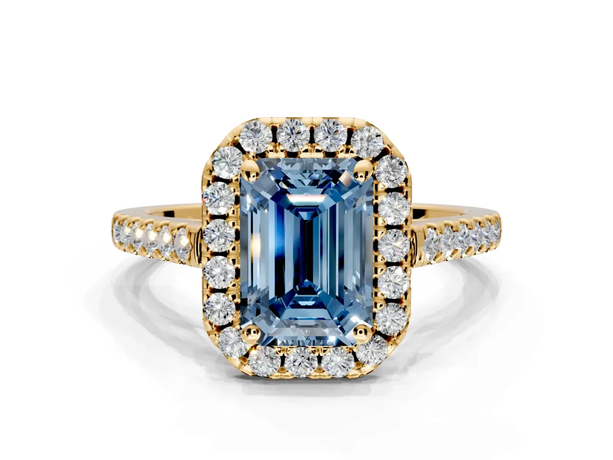 Halo Engagement Ring Setting for Fancy Blue Emerald Cut Center with Raised Halo, Pave Band and Prong Head in Yellow Gold
