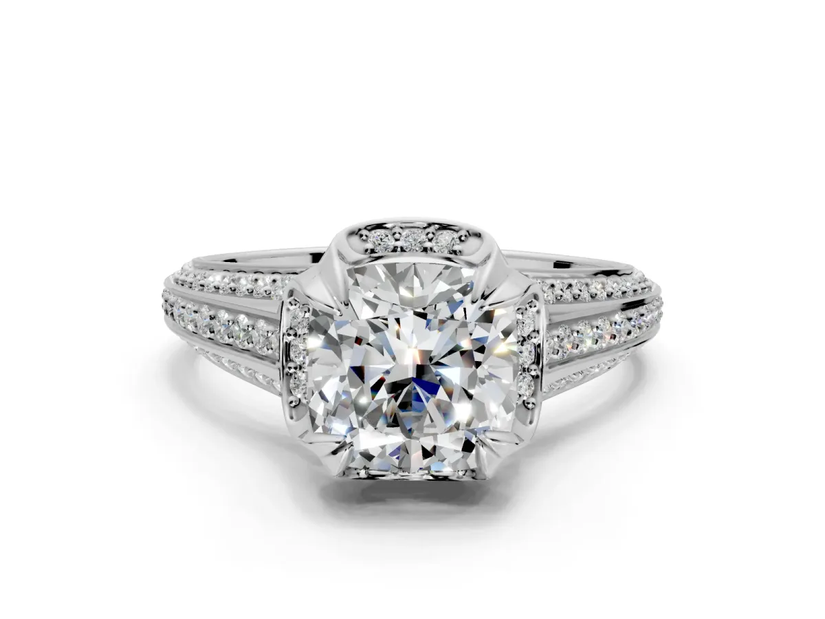Solitaire Engagement Ring Setting for Cushion Cut Center with Accented Split Shank and Prong Head in Platinum