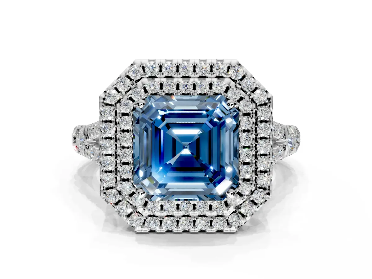 Double Halo Engagement Ring Setting for Fancy Blue Asscher Cut Center with Narrow Pave Split Shank and Prong Head in Platinum