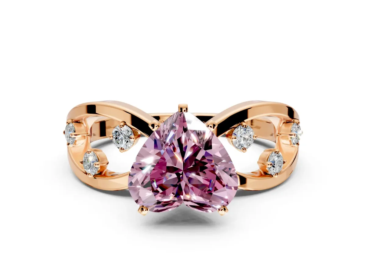 Solitaire Engagement Ring Setting for Fancy Pink Heart-Shaped Center with Criss-Cross Accent Band and Prong Head in Rose Gold