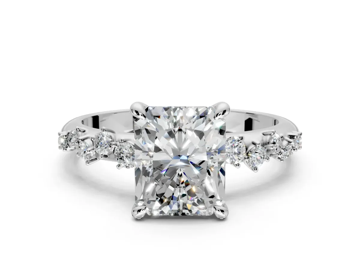 Solitaire Engagement Ring Setting for Radiant Cut Center with Trailing Leaf Accent Band and Prong Head in Platinum