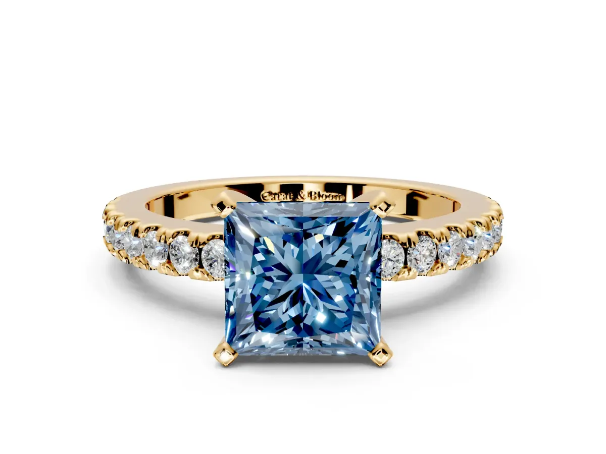 Solitaire Engagement Ring Setting for Fancy Blue Princess Cut Center with Single Row Accent Band and Prong Head in Yellow Gold