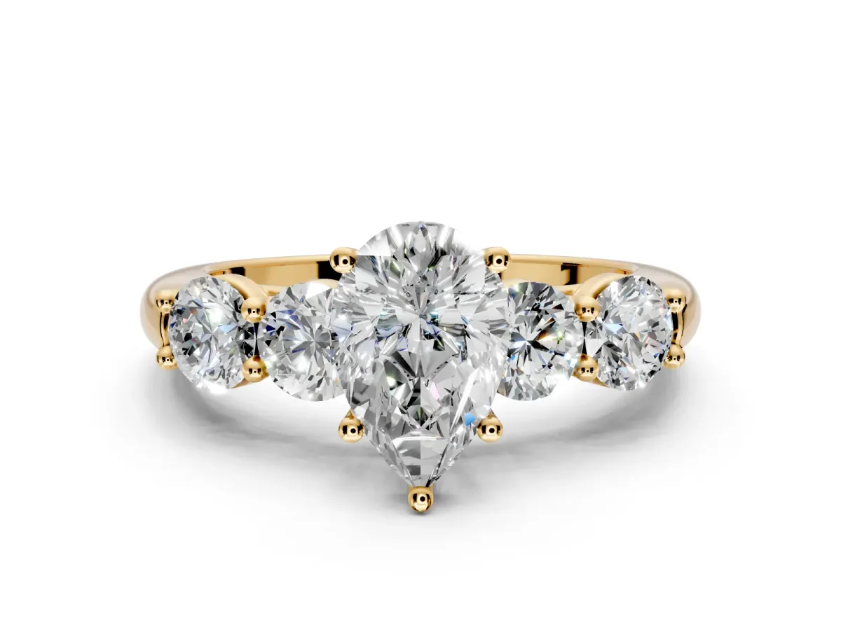5 Stone Engagement Ring Setting for Pear-Shaped Center with Graduated Accents and Prong Head in Yellow Gold