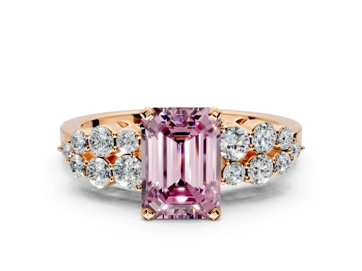 Cluster Engagement Ring Setting for Fancy Pink Emerald Cut Center with 2-Row Shoulder Clusters and Prong Head in Rose Gold