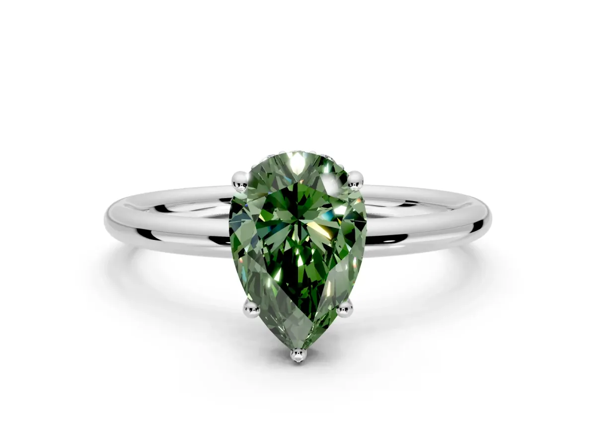 Solitaire Engagement Ring Setting for Fancy Green Pear-Shaped Center with Plain Band, Open Basket and Prong Head in Sterling Silver