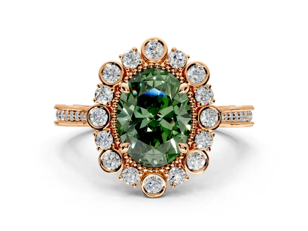 Milgrain Halo Engagement Ring Setting for Fancy Green Oval Center with Bezel Point Accents and Prong Head in Rose Gold