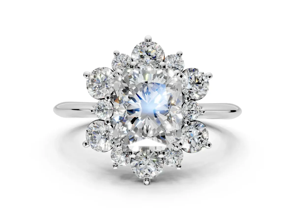Small-Accent Cluster Halo Engagement Ring Setting for Radiant Cut Center with Plain Band and Prong Head in Sterling Silver