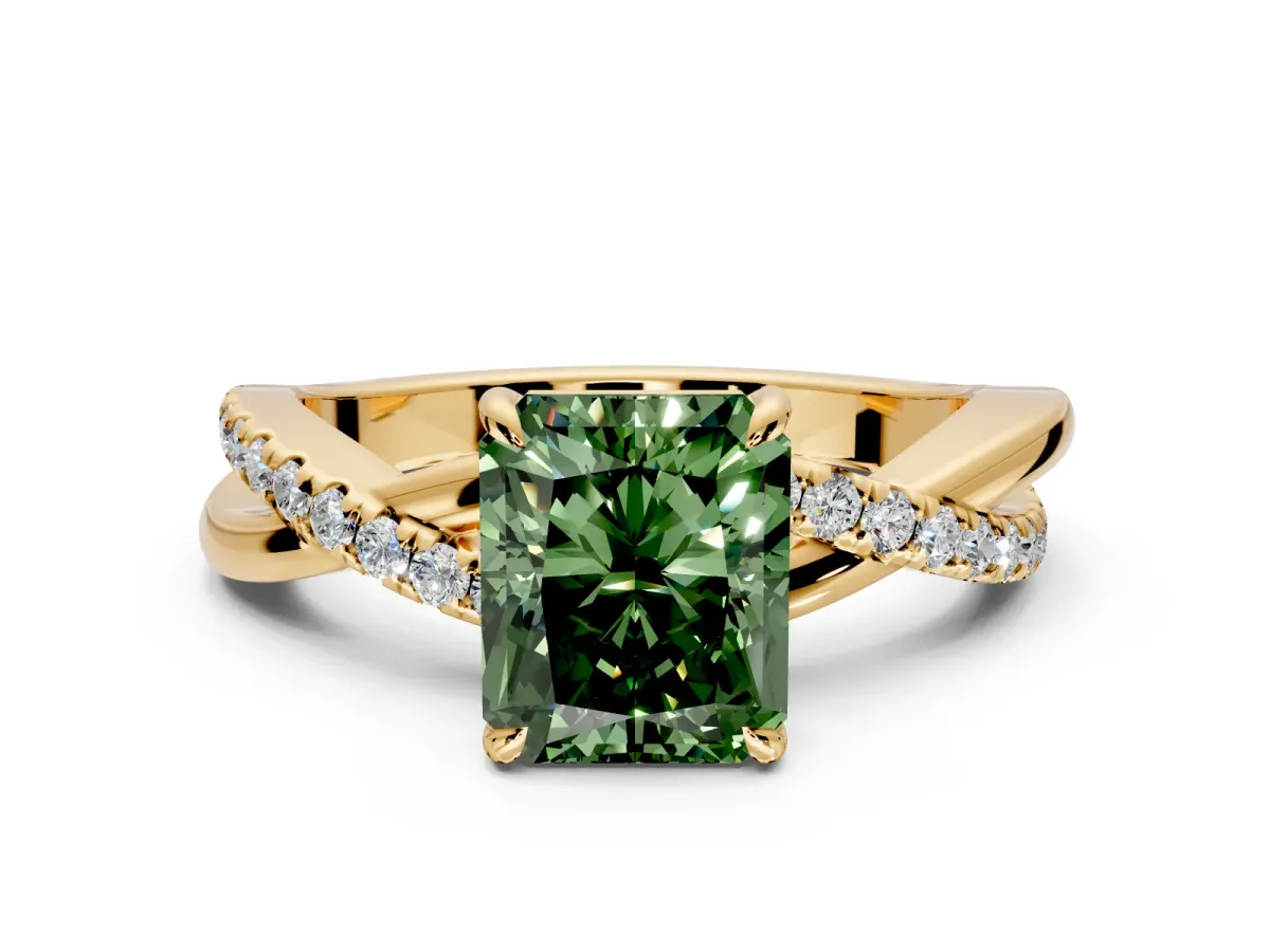 Crossover Engagement Ring Setting for Fancy Green Radiant Cut Center with Pave and Plain Strands and Prong Head in Yellow Gold